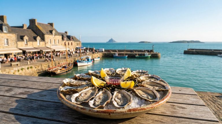 Plateau d'huîtres fraîches sur une table en bois avec vue sur le port de Cancale et le Mont-Saint-Michel en arrière-plan.