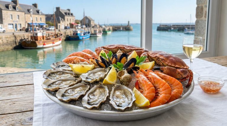 Un plateau de fruits de mer frais composé d'huîtres, de crevettes et de crabe, posé sur une table face au port.