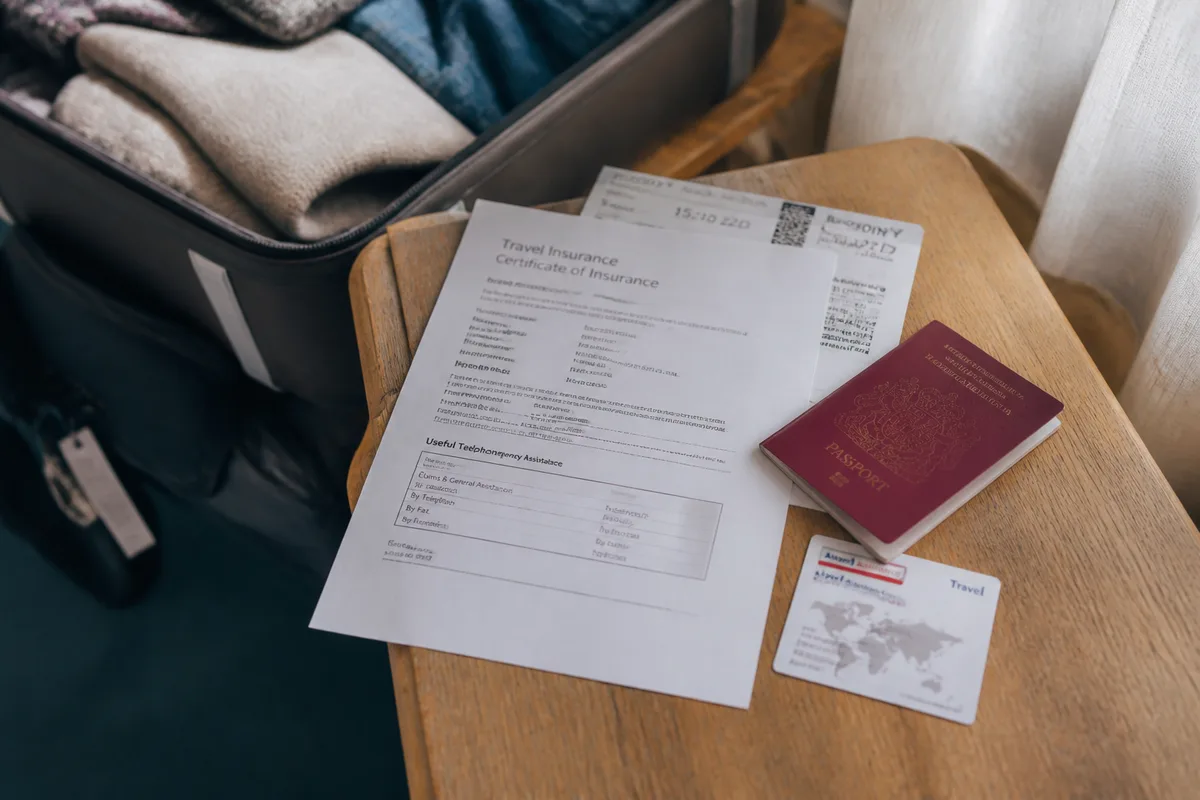 Documents d'assurance voyage Allianz Travel posés près d'une valise et d'un passeport