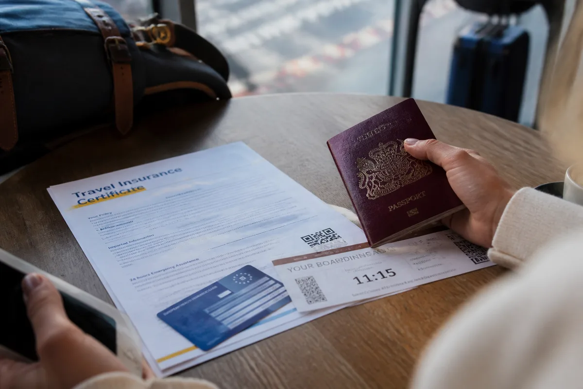 Voyageuse préparant son départ à l’étranger avec passeport, carte européenne d’assurance maladie et documents d’assurance