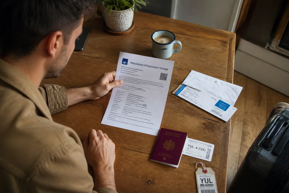 Voyageur préparant son attestation d’assurance voyage et ses documents avant un départ international