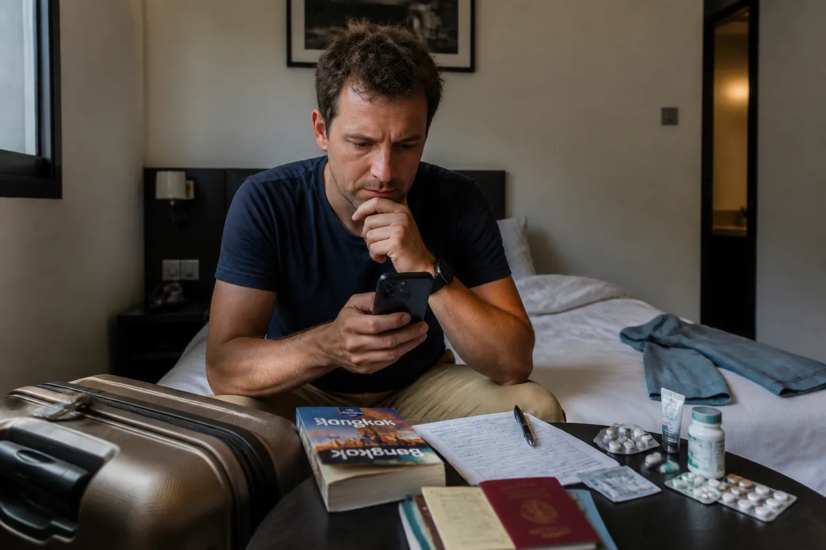Voyageuse utilisant l’application Heymondo depuis une chambre d’hôtel à l’étranger pour contacter l’assistance médicale