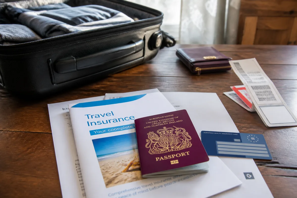 Documents de voyage et cartes d’assurance posés sur une table avant un départ à l’étranger