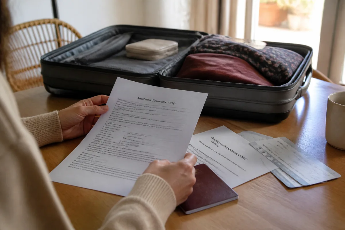 Voyageur préparant une attestation et des documents d’assurance voyage MAAF ou Matmut près d’un bagage