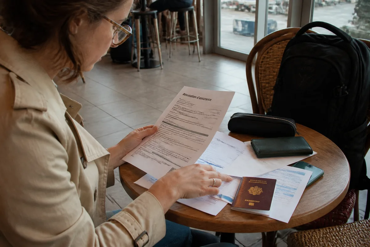 Voyageuse préparant ses documents d'assurance voyage et son itinéraire dans un aéroport
