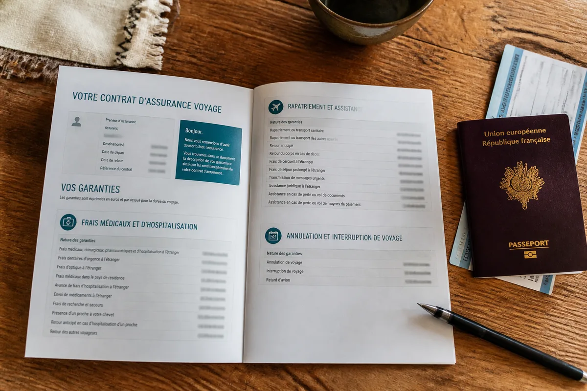 Lecture d’un contrat d’assurance voyage avec garanties médicales, rapatriement et annulation